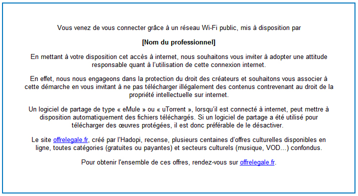Message de sensibilisation à intégrer sur un portail captif
